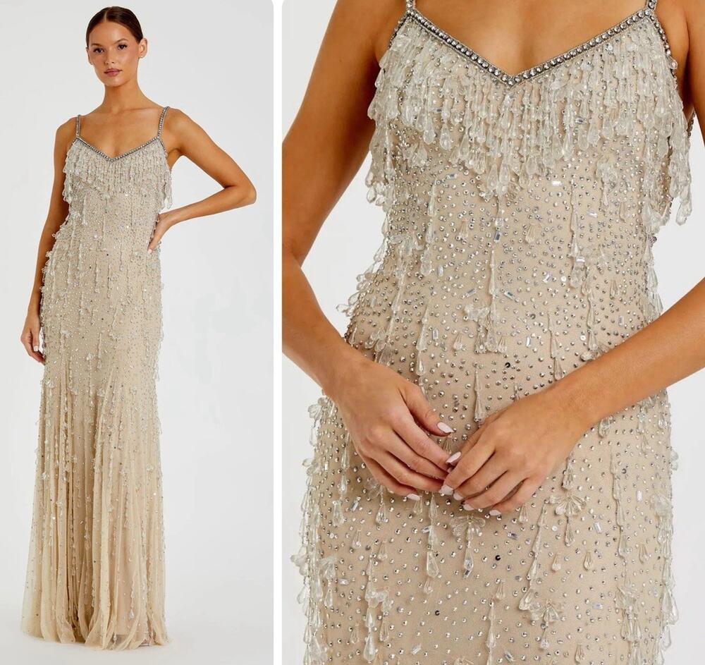 NWT Mac Duggal 10101 V-Neck Column Gown Size 6 Fringe Embellishments Beige NWT